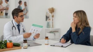 A Brevard Health Alliance doctor discussing lifestyle medicine and supplement risks with a female patient in a clinical setting, with fresh vegetables and supplement bottles on the desk.