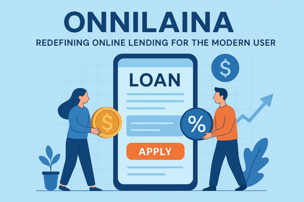 Illustration showing Onnilaina, an online lending platform, with people using a digital loan application on a smartphone.