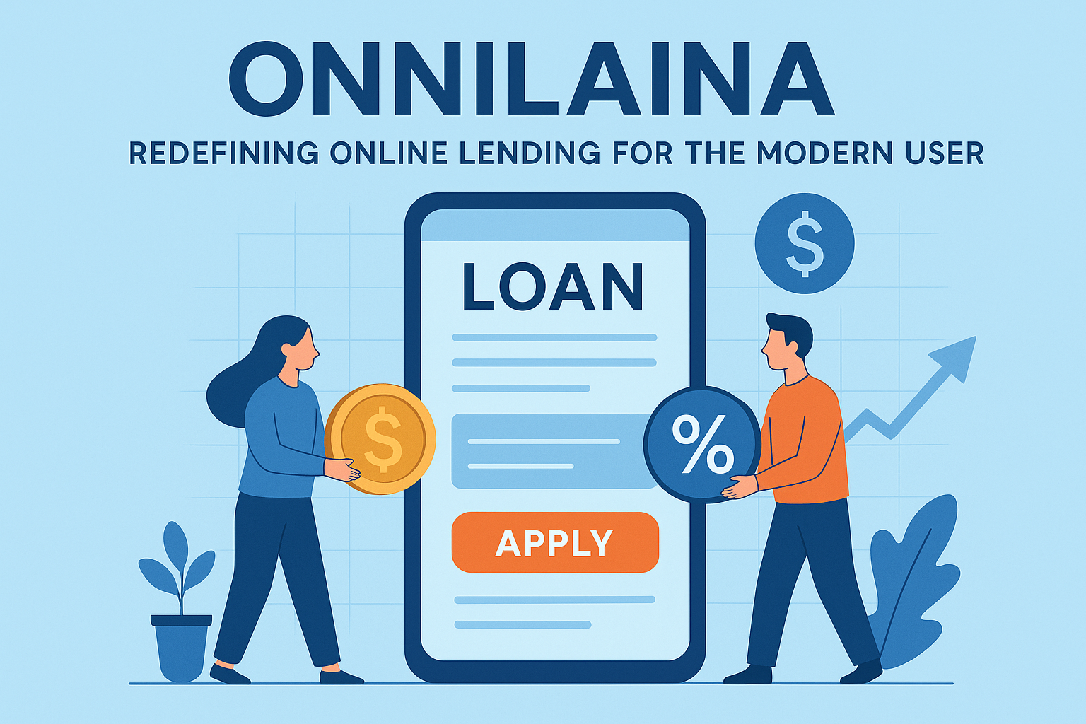 Illustration showing Onnilaina, an online lending platform, with people using a digital loan application on a smartphone.