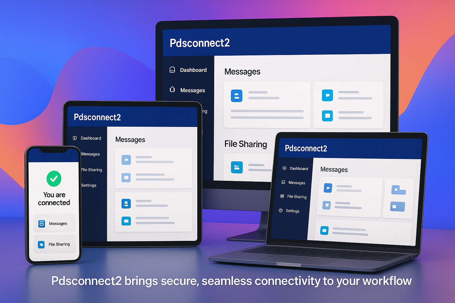 Pdsconnect2 interface displayed on smartphone, tablet, laptop, and desktop showing secure messages and file sharing.