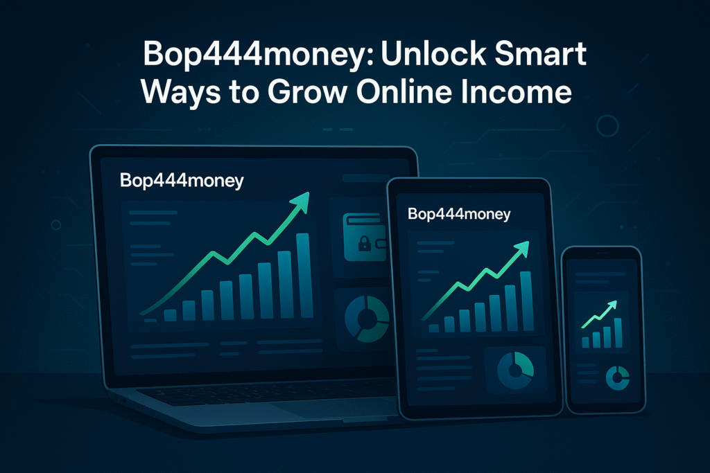 Bop444money interface displayed on laptop, tablet, and smartphone with financial growth charts and digital wallet icons.