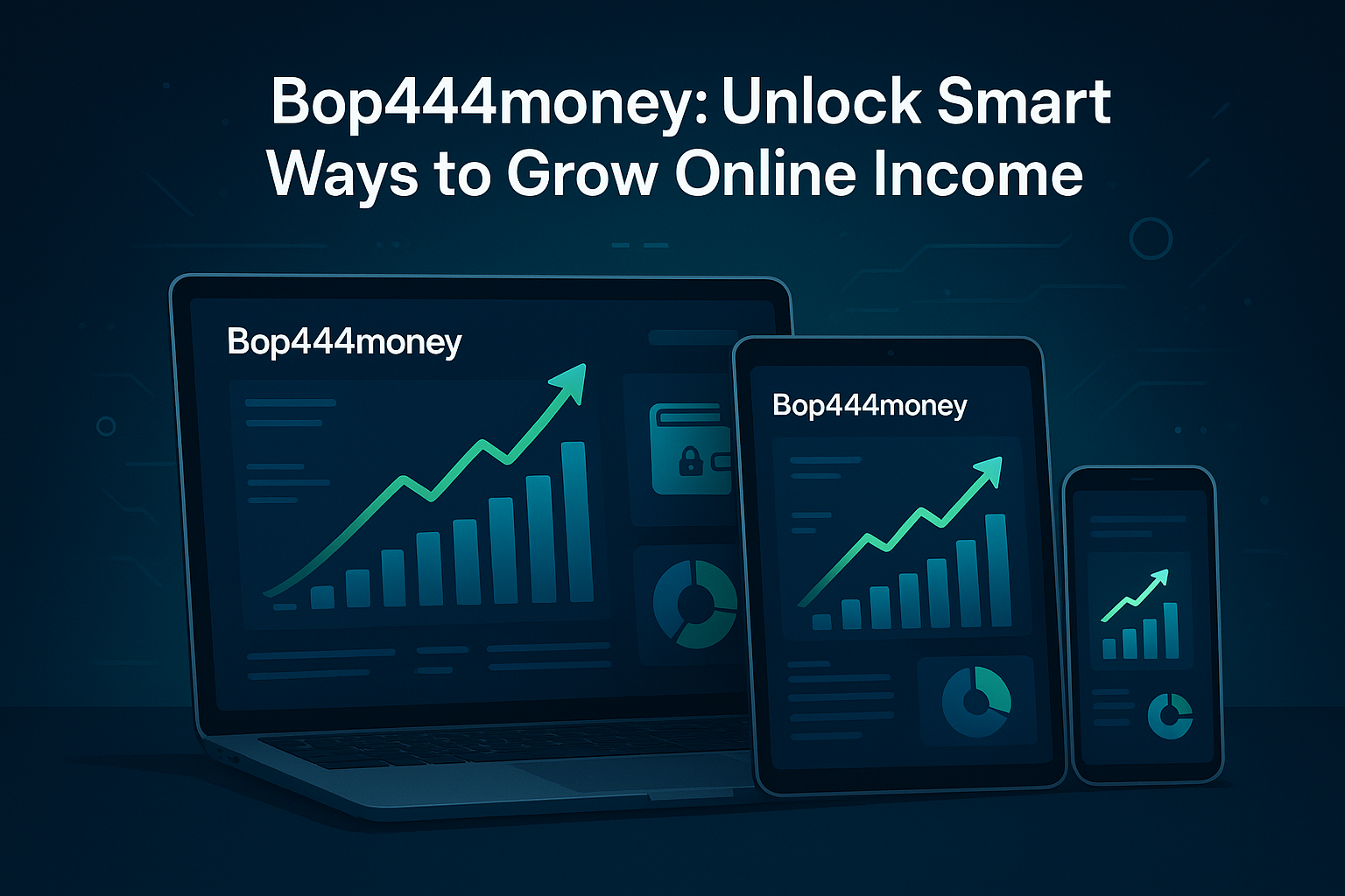 Bop444money interface displayed on laptop, tablet, and smartphone with financial growth charts and digital wallet icons.