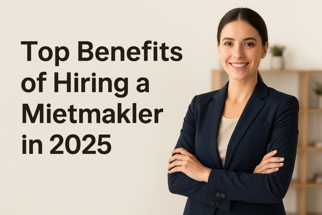 Modern Mietmakler woman in office background with article title “Top Benefits of Hiring a Mietmakler in 2025.”