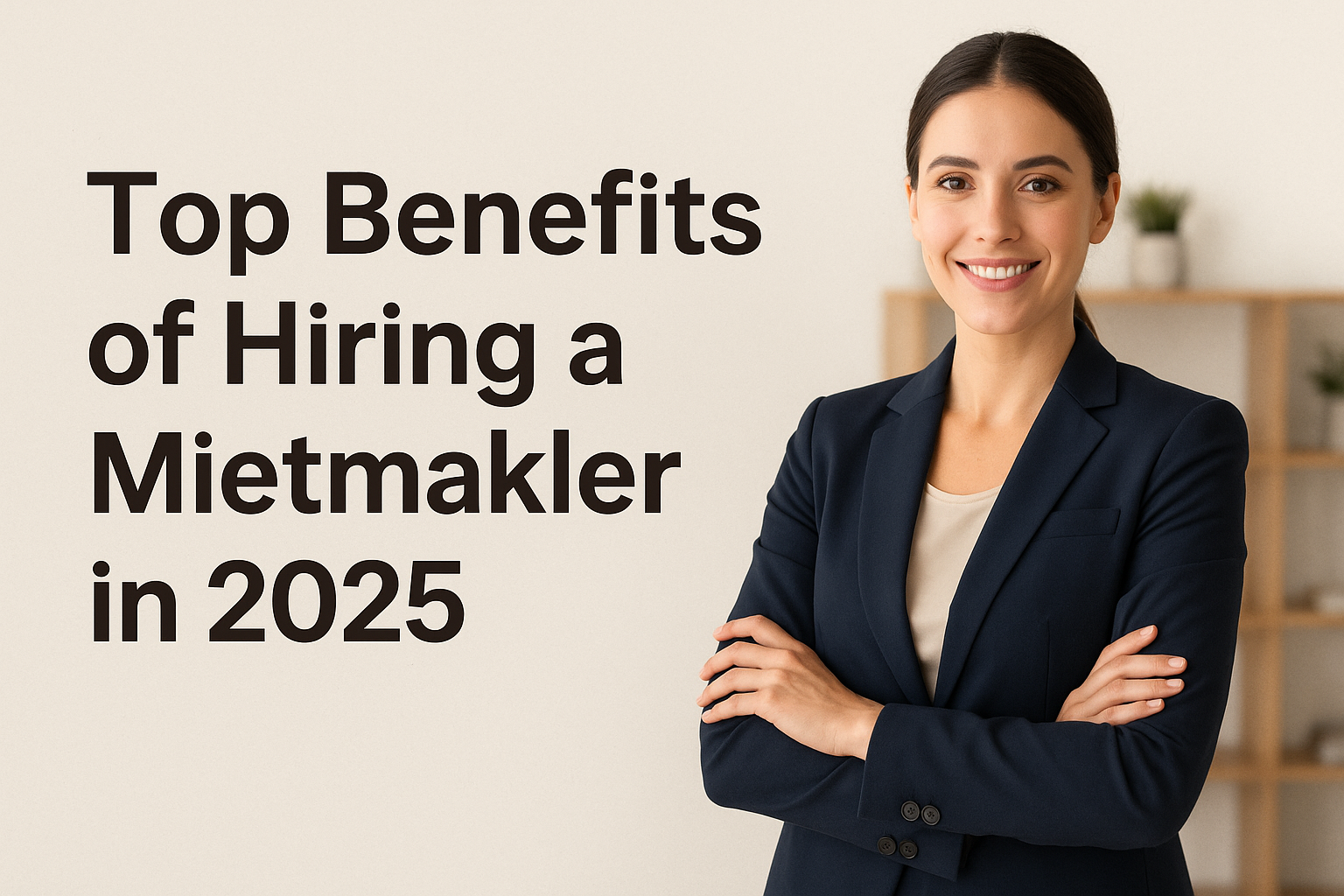 Modern Mietmakler woman in office background with article title “Top Benefits of Hiring a Mietmakler in 2025.”