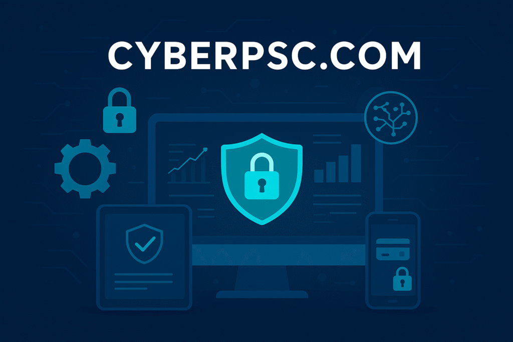 CyberPSC.com digital cybersecurity interface with lock icons, shield graphics, and connected devices symbolizing online protection.