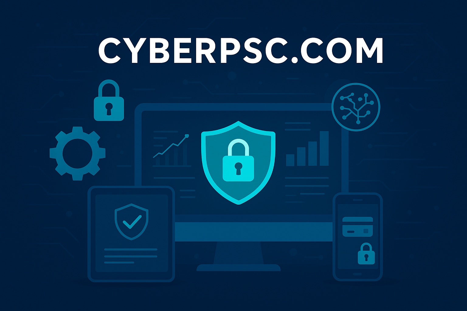 CyberPSC.com digital cybersecurity interface with lock icons, shield graphics, and connected devices symbolizing online protection.