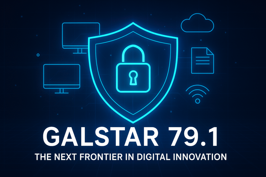 Galstar 79.1 futuristic digital interface with a glowing blue shield, padlock, and network icons representing cybersecurity and innovation.
