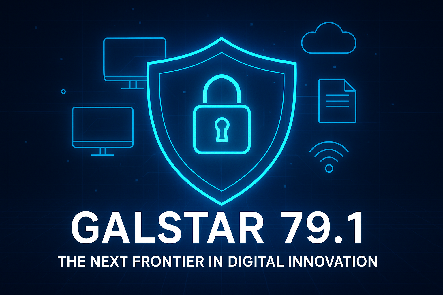 Galstar 79.1 futuristic digital interface with a glowing blue shield, padlock, and network icons representing cybersecurity and innovation.