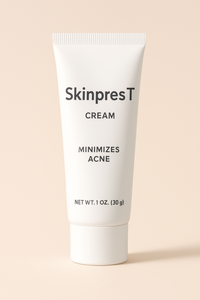 A close-up image of a white tube labeled “Skinpres T Cream – Minimizes Acne,” standing upright on a soft beige background with gentle lighting.