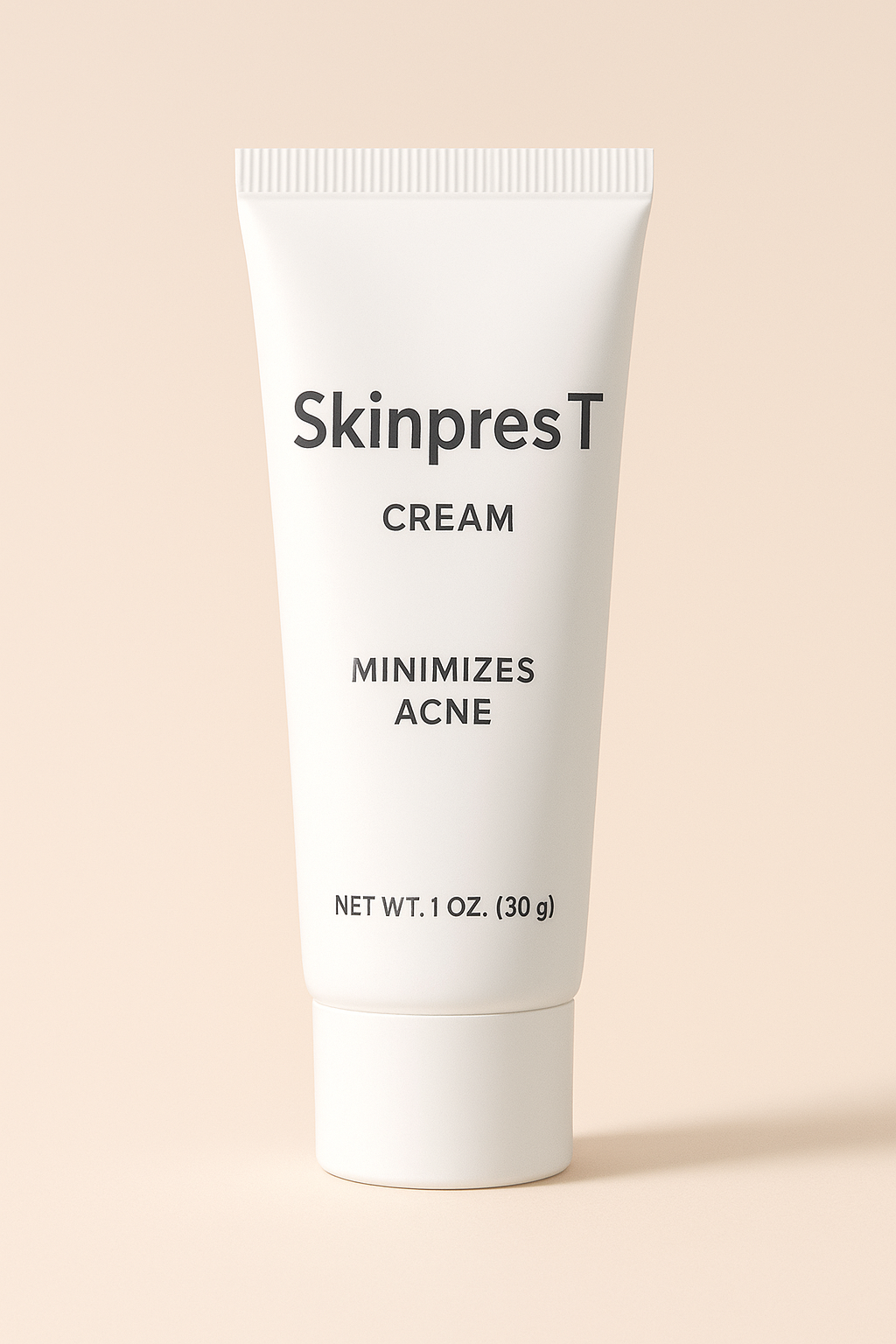 A close-up image of a white tube labeled “Skinpres T Cream – Minimizes Acne,” standing upright on a soft beige background with gentle lighting.