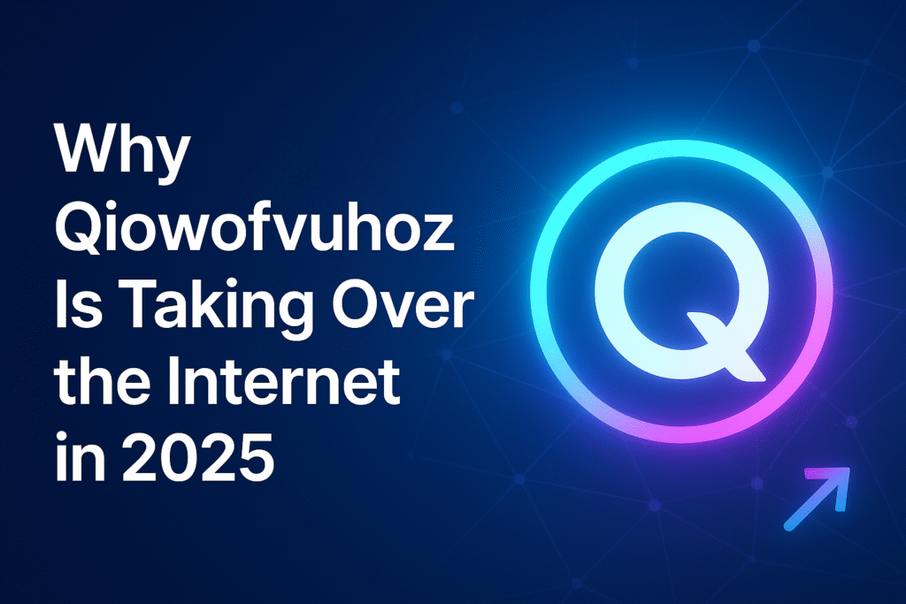Futuristic digital Q logo glowing in blue and pink, representing Qiowofvuhoz’s rise on the internet in 2025