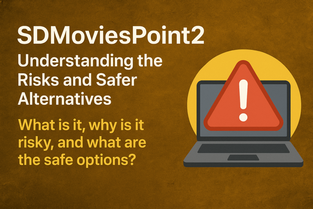 Illustration showing a laptop with a red warning sign and text “SDMoviesPoint2: Understanding the Risks and Safer Alternatives” on a dark gold background.