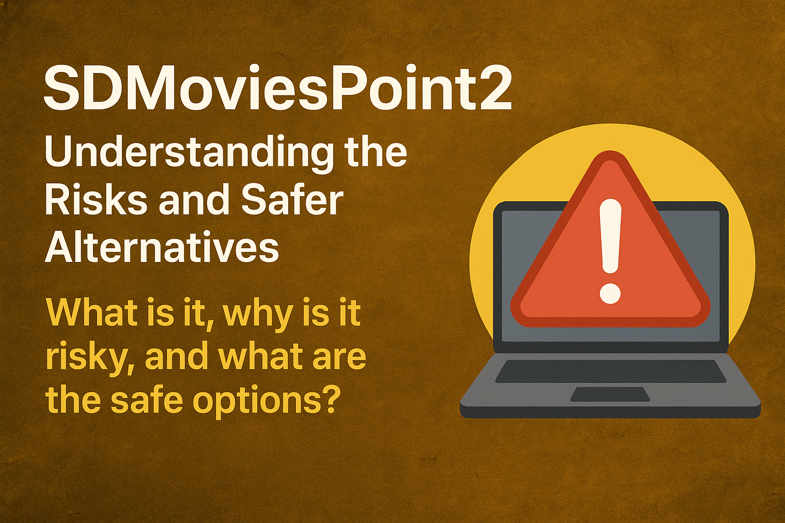 Illustration showing a laptop with a red warning sign and text “SDMoviesPoint2: Understanding the Risks and Safer Alternatives” on a dark gold background.