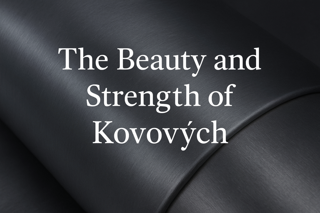 Close-up of brushed Kovových metal surface with soft lighting and elegant white serif title text “The Beauty and Strength of Kovových” centered across a sleek metallic background.