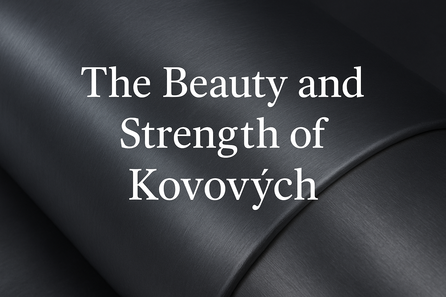 Close-up of brushed Kovových metal surface with soft lighting and elegant white serif title text “The Beauty and Strength of Kovových” centered across a sleek metallic background.