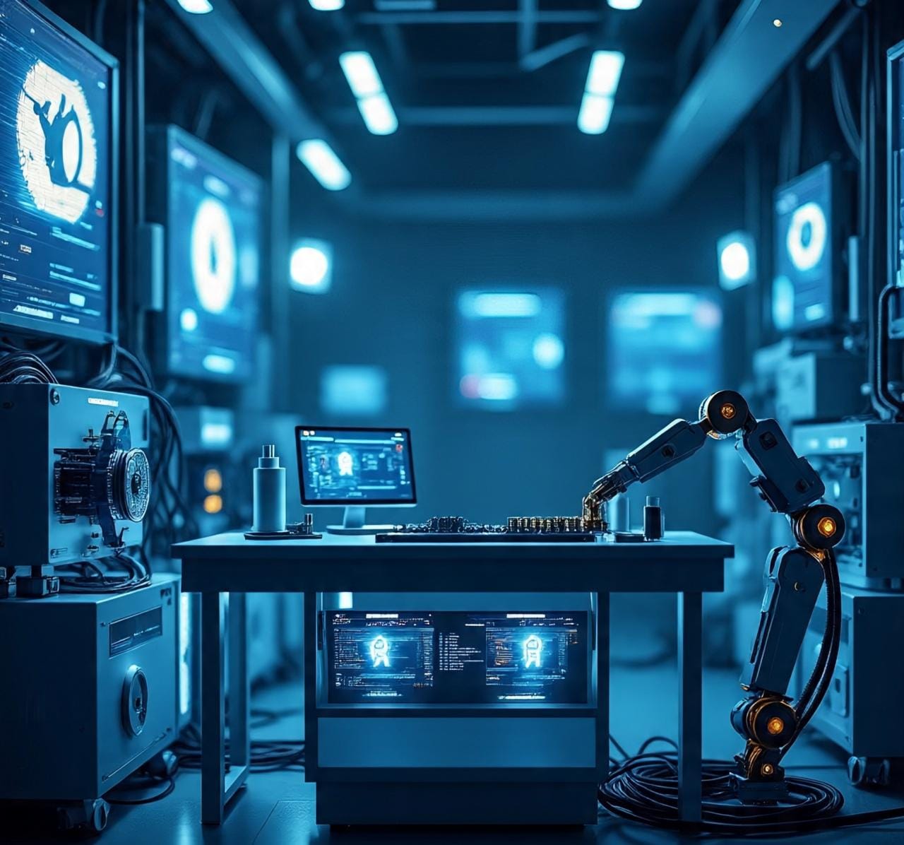 A futuristic crypto mining lab with a robotic arm on a desk surrounded by screens displaying crypto data.