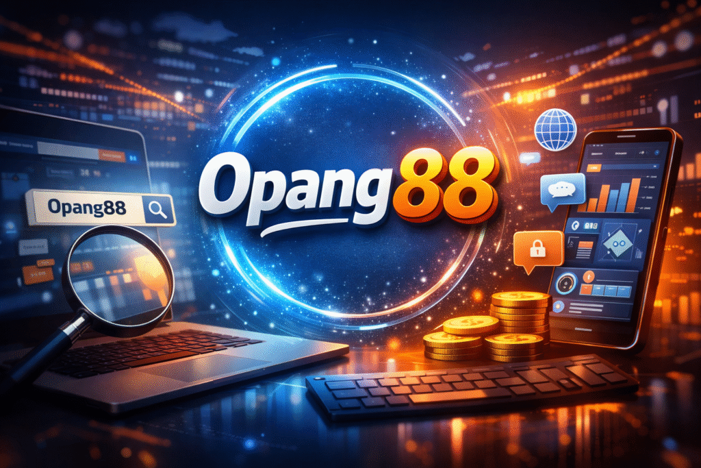 Opang88 digital platform concept with laptop, smartphone, search icons, and futuristic tech interface.