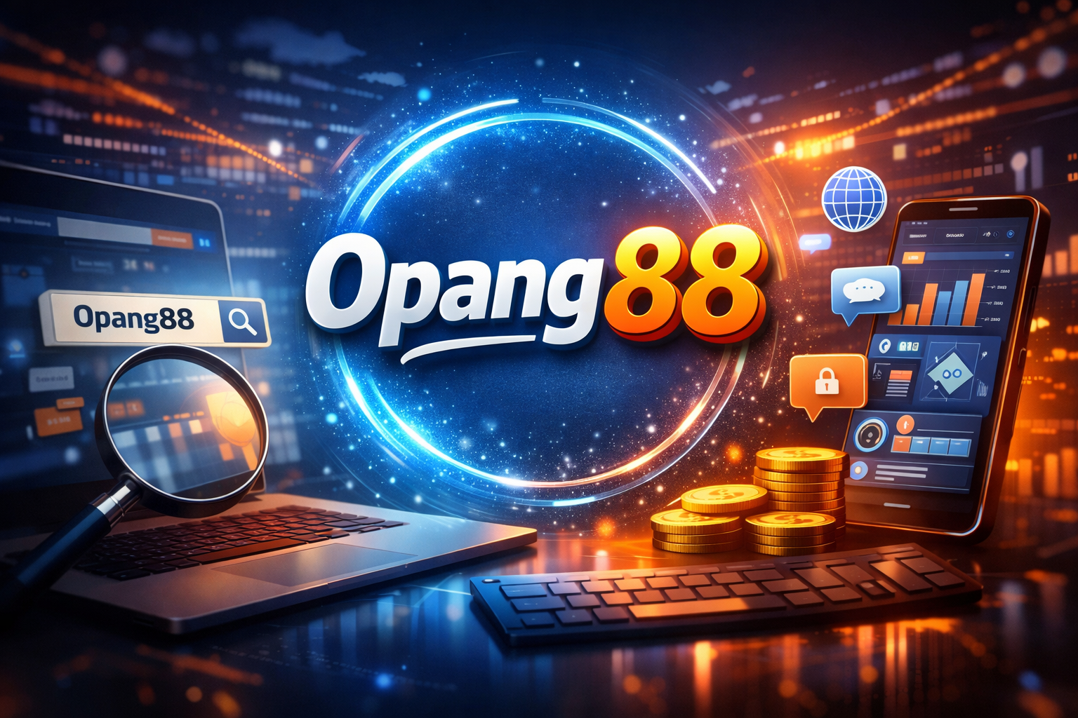 Opang88 digital platform concept with laptop, smartphone, search icons, and futuristic tech interface.
