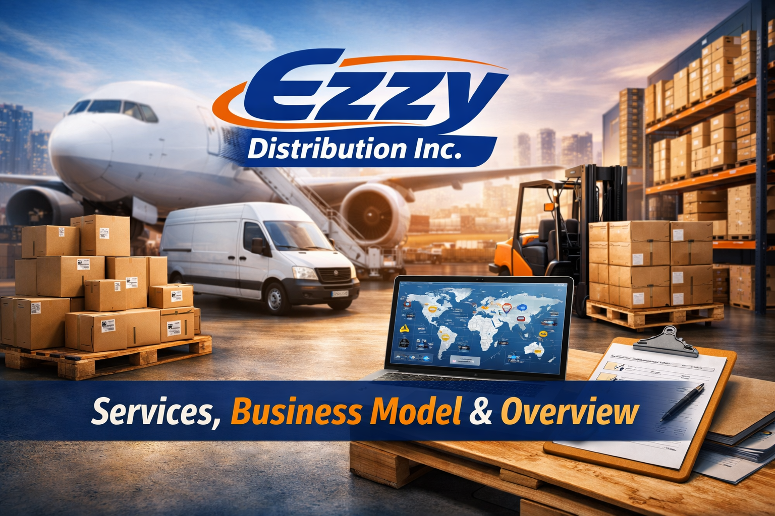 Ezzy Distribution Inc warehouse with shipping boxes, delivery van, aircraft, and logistics planning setup
