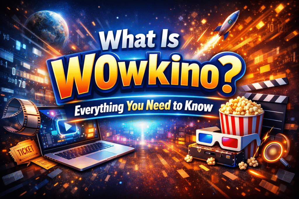 "Vibrant graphic design for 'What Is W0wkino? Everything You Need to Know,' featuring futuristic elements like a laptop, film reel, popcorn, rocket, and digital cityscapes with dynamic lighting and 3D text