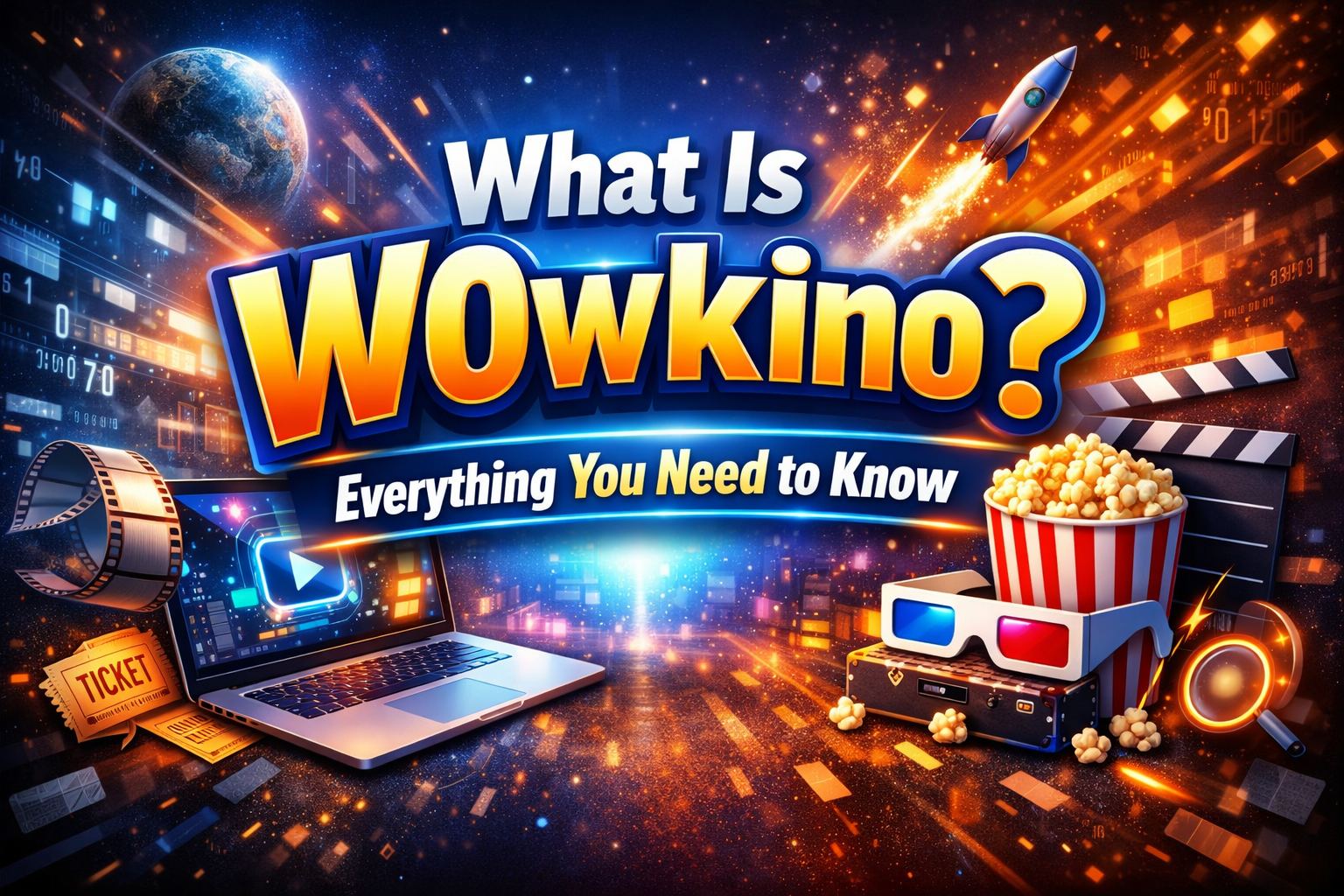 "Vibrant graphic design for 'What Is W0wkino? Everything You Need to Know,' featuring futuristic elements like a laptop, film reel, popcorn, rocket, and digital cityscapes with dynamic lighting and 3D text