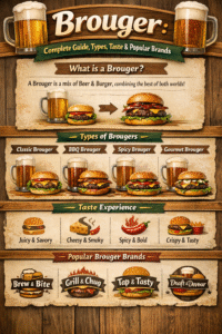 Brouger complete guide infographic showing Brouger types, Brouger taste experience, and popular Brouger brands with beer and burger combinations