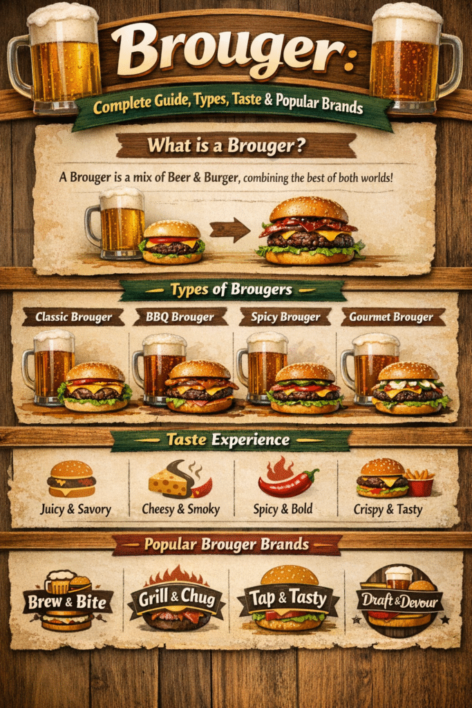 Brouger complete guide infographic showing Brouger types, Brouger taste experience, and popular Brouger brands with beer and burger combinations