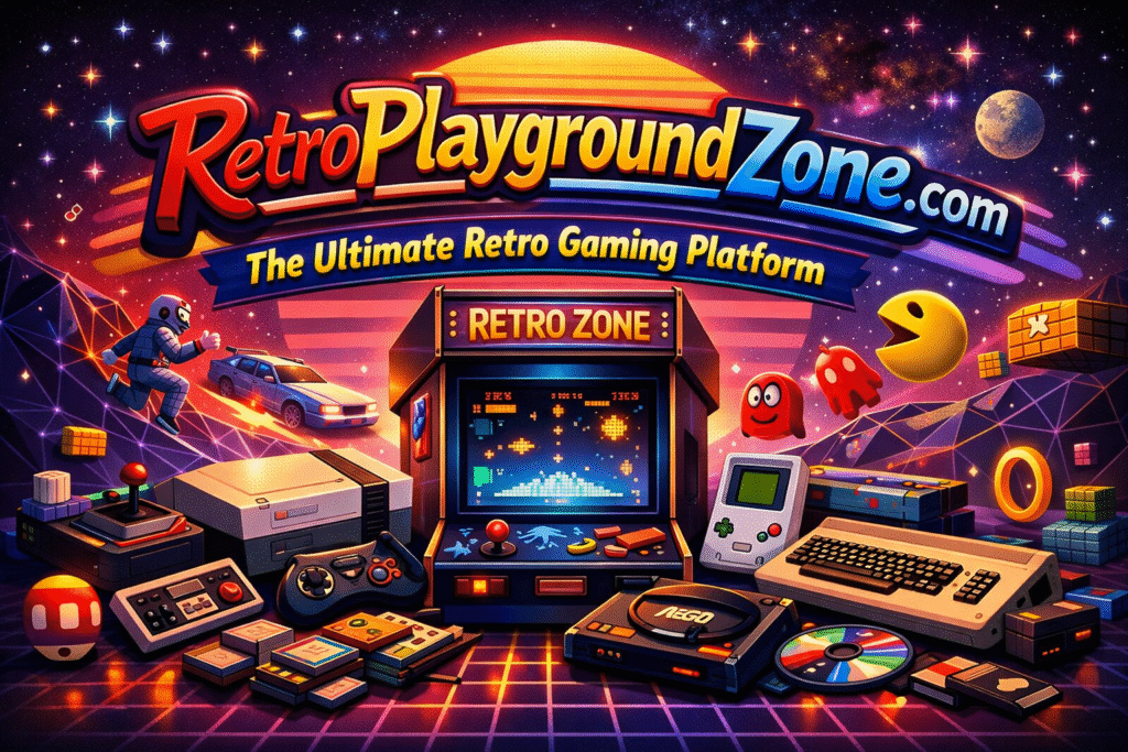 Retro gaming setup with arcade machines, classic consoles, and pixel art characters at Retroplaygroundzone.com