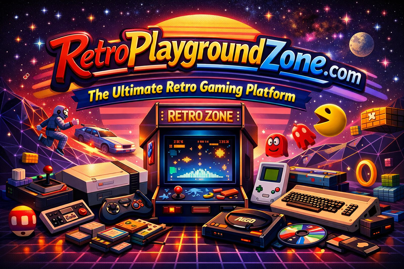 Retro gaming setup with arcade machines, classic consoles, and pixel art characters at Retroplaygroundzone.com