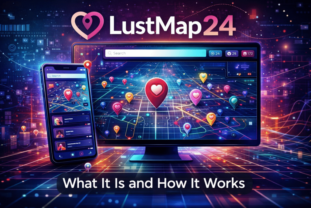 LustMap24 visual platform showing an interactive digital map with location pins on desktop and mobile screens