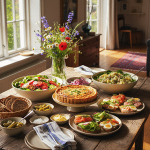 Rustic wooden table set for a Swedish Bjudlunch with fresh dishes like quiche, salads, and open-faced sandwiches