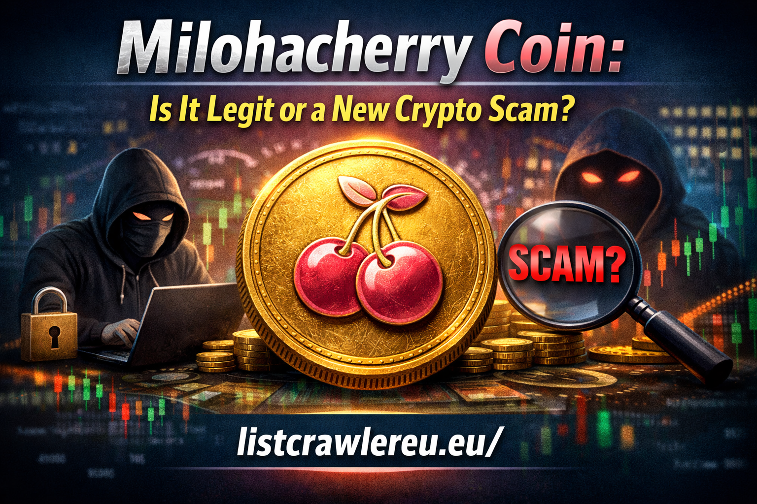Milohacherry Coin scam or legit crypto investigation illustration with cherry coin and hacker