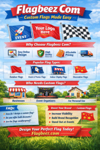 Flagbeez Com custom flags infographic showing easy online design, quality materials, affordable pricing, and event flag options.
