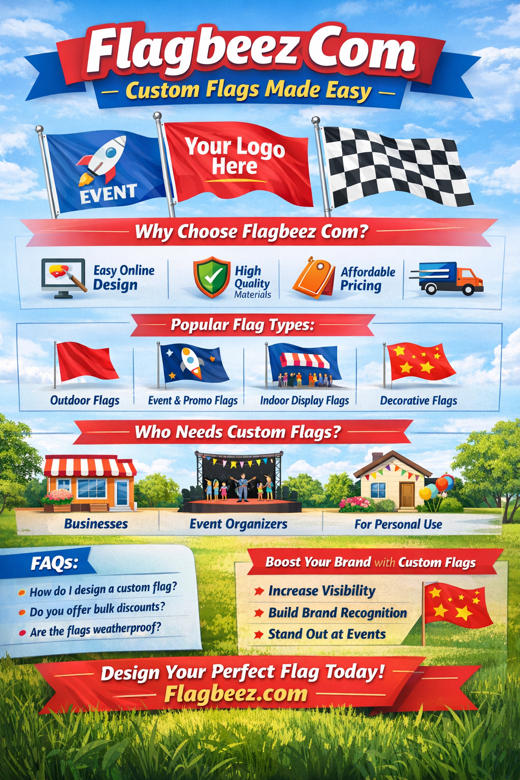 Flagbeez Com custom flags infographic showing easy online design, quality materials, affordable pricing, and event flag options.