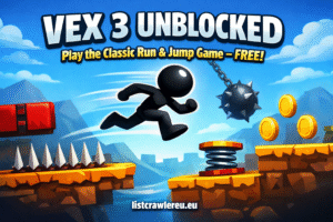 Vex 3 Unblocked stickman jumping over spikes and traps in classic run and jump platform game