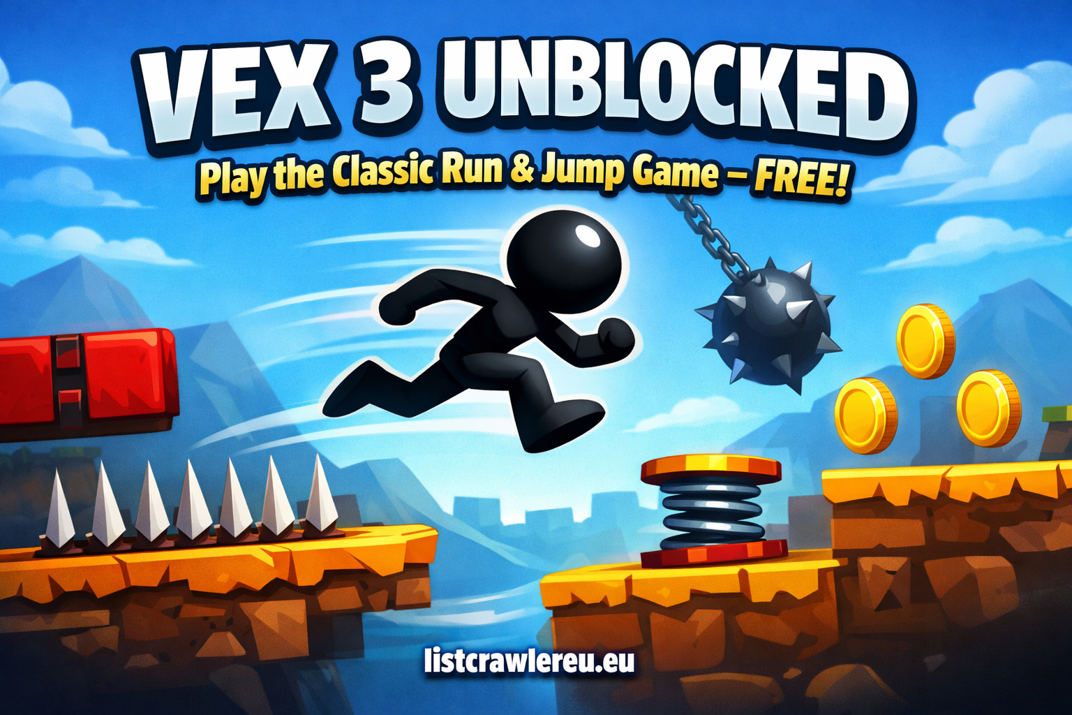 Vex 3 Unblocked stickman jumping over spikes and traps in classic run and jump platform game