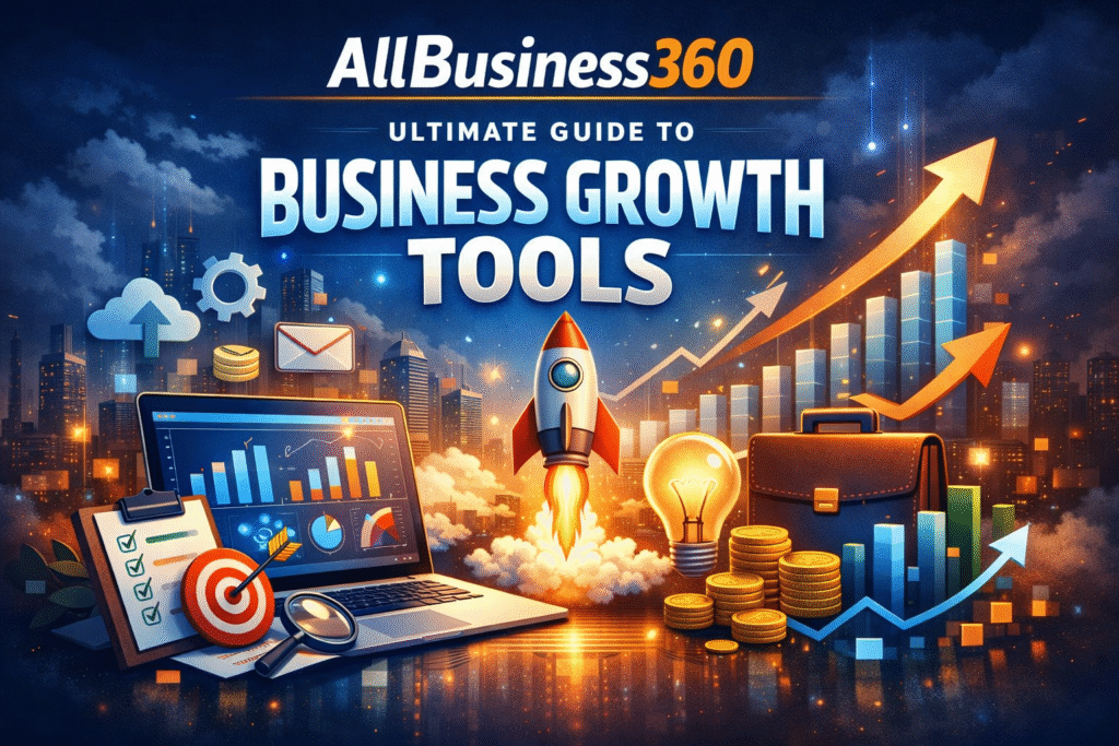 AllBusiness360 featured image showcasing business growth tools, charts, graphs, and digital strategies