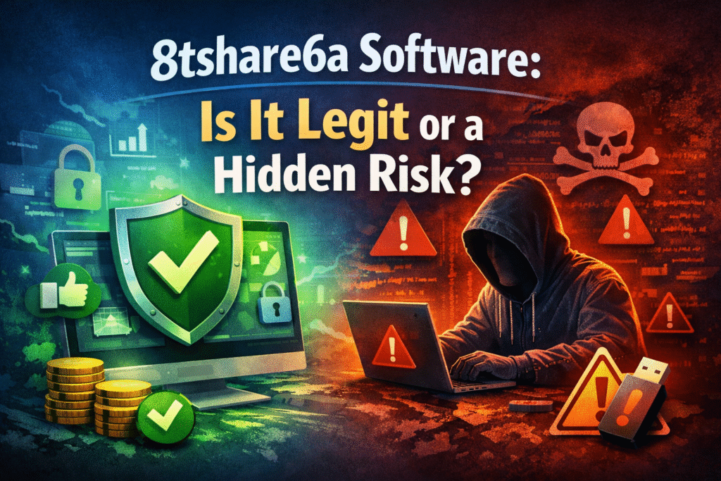 8tshare6a Software legitimacy concept showing secure shield versus hacker warning and risk signs
