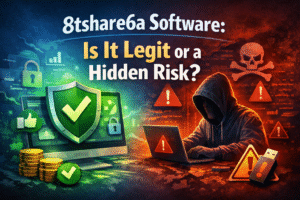 8tshare6a Software legitimacy concept showing secure shield versus hacker warning and risk signs