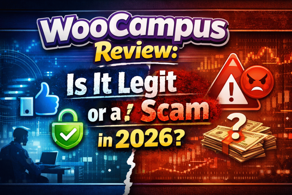WooCampus review 2026 showing legit vs scam concept with security shield, warning sign and money illustration