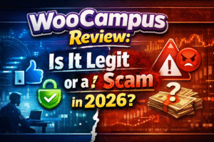 WooCampus review 2026 showing legit vs scam concept with security shield, warning sign and money illustration