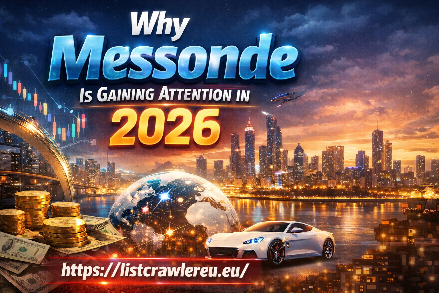 Featured HD graphic showing a futuristic city skyline with glowing text “Why Messonde Is Gaining Attention in 2026,” along with financial visuals, a modern sports car, and the website link listcrawlereu.eu.
