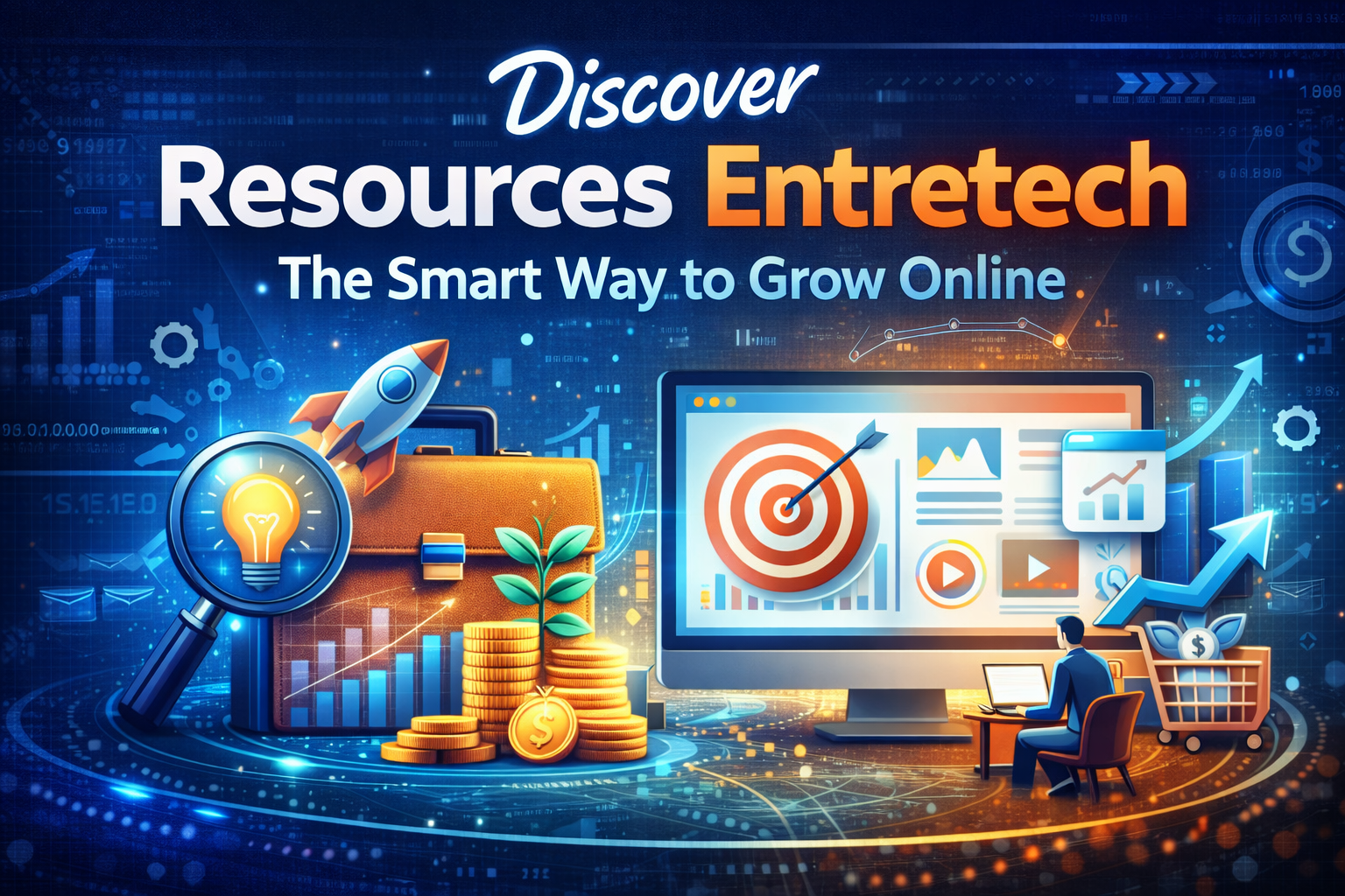 Discover Resources Entretech platform showing online business growth tools, digital marketing dashboard and startup success concept