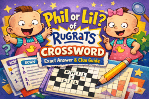 Phil or Lil of Rugrats crossword puzzle featured image showing cartoon twins with a crossword grid, pencil, and clue sheets for exact answer guide