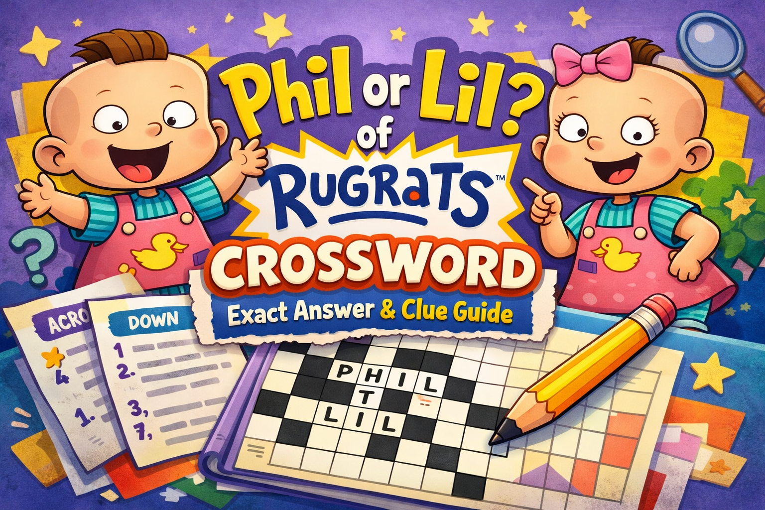 Phil or Lil of Rugrats crossword puzzle featured image showing cartoon twins with a crossword grid, pencil, and clue sheets for exact answer guide