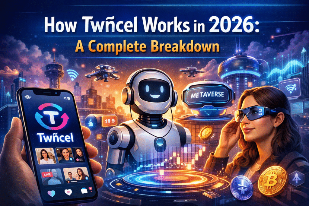 How Twñcel Works in 2026 illustrated with AI, metaverse, and digital platform features