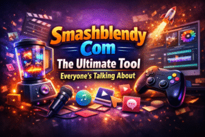 Smashblendy Com featured image showcasing the ultimate digital tool with vibrant colors, a blender, game controller, and multimedia icons