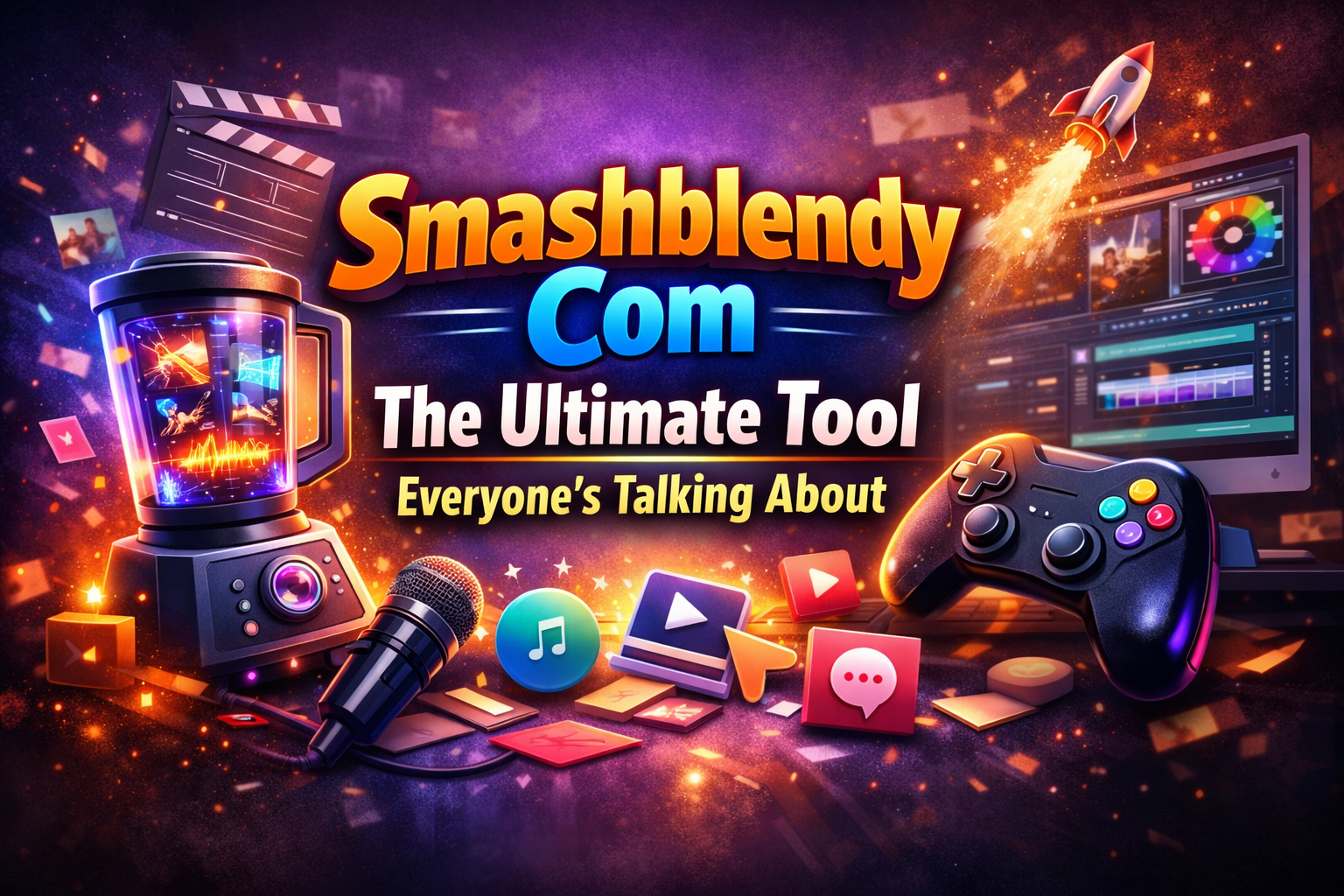 Smashblendy Com featured image showcasing the ultimate digital tool with vibrant colors, a blender, game controller, and multimedia icons
