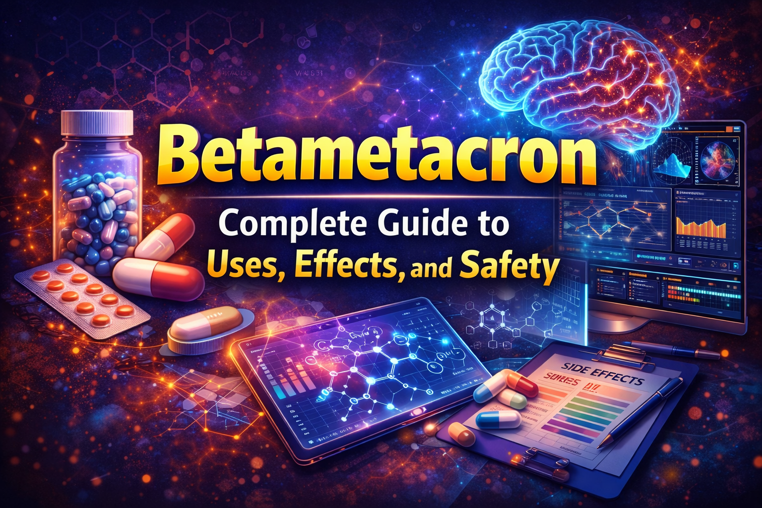Betametacron medicine guide image showing pills, medical charts, and brain illustration explaining uses, effects, and safety information