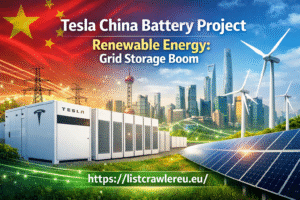Tesla China battery project showcasing large-scale grid energy storage with solar panels and wind turbines supporting renewable power infrastructure